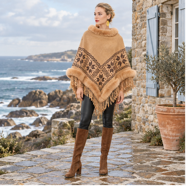 Poncho Fourrure Flocons – Camel / Adulte, en situation sur la côte Atlantique