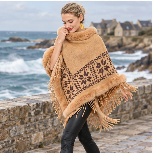Poncho Fourrure Flocons – Camel / Adulte, porté en mouvement au bord de l’océan