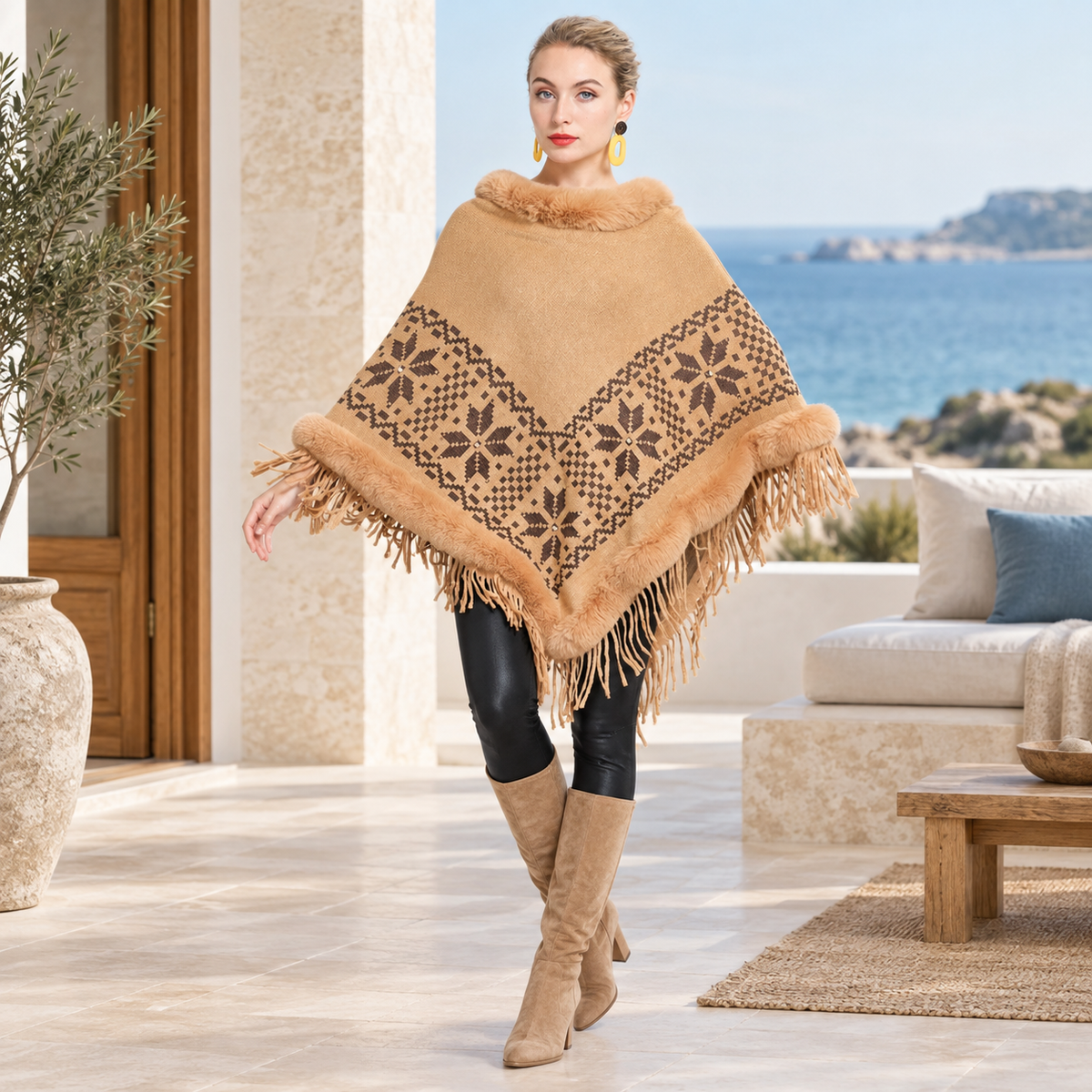 Poncho Fourrure Flocons – Camel / Adulte, visuel principal lifestyle