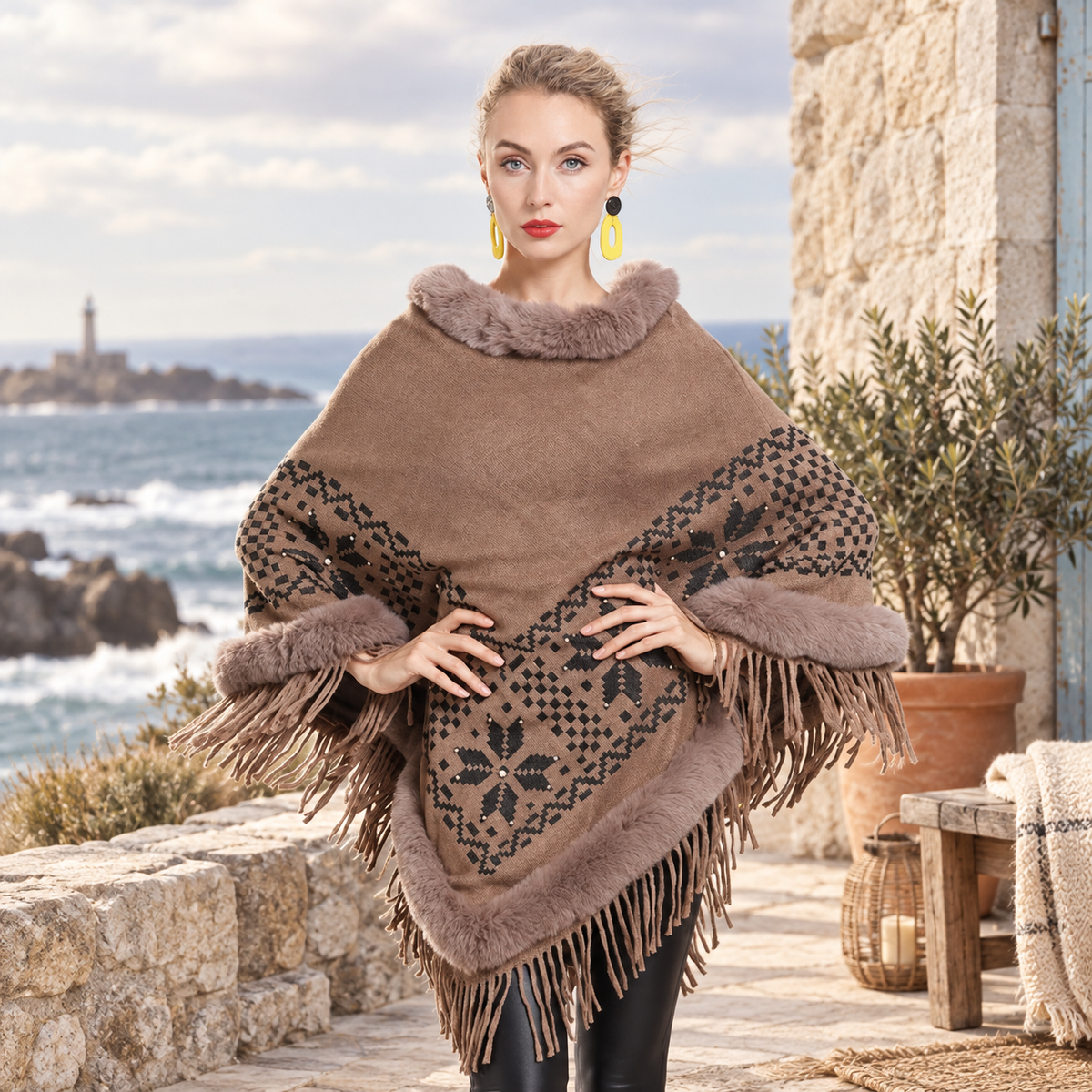 Poncho Fourrure Flocons – Marron Clair / Adulte, visuel principal lifestyle