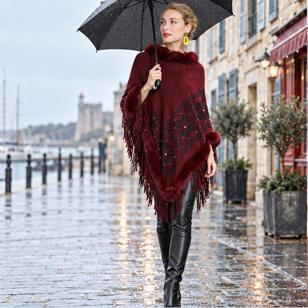 Poncho Fourrure Flocons – Bordeaux / Adulte, en situation sur la côte Atlantique