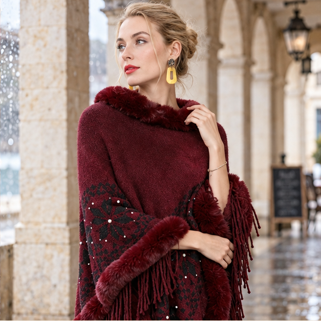 Poncho Fourrure Flocons – Bordeaux / Adulte, dans un intérieur côtier lumineux