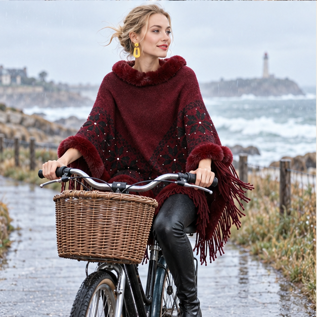 Poncho Fourrure Flocons – Bordeaux / Adulte, porté en mouvement au bord de l’océan