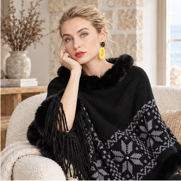 Poncho Fourrure Flocons – Noir / Adulte, dans un intérieur côtier lumineux