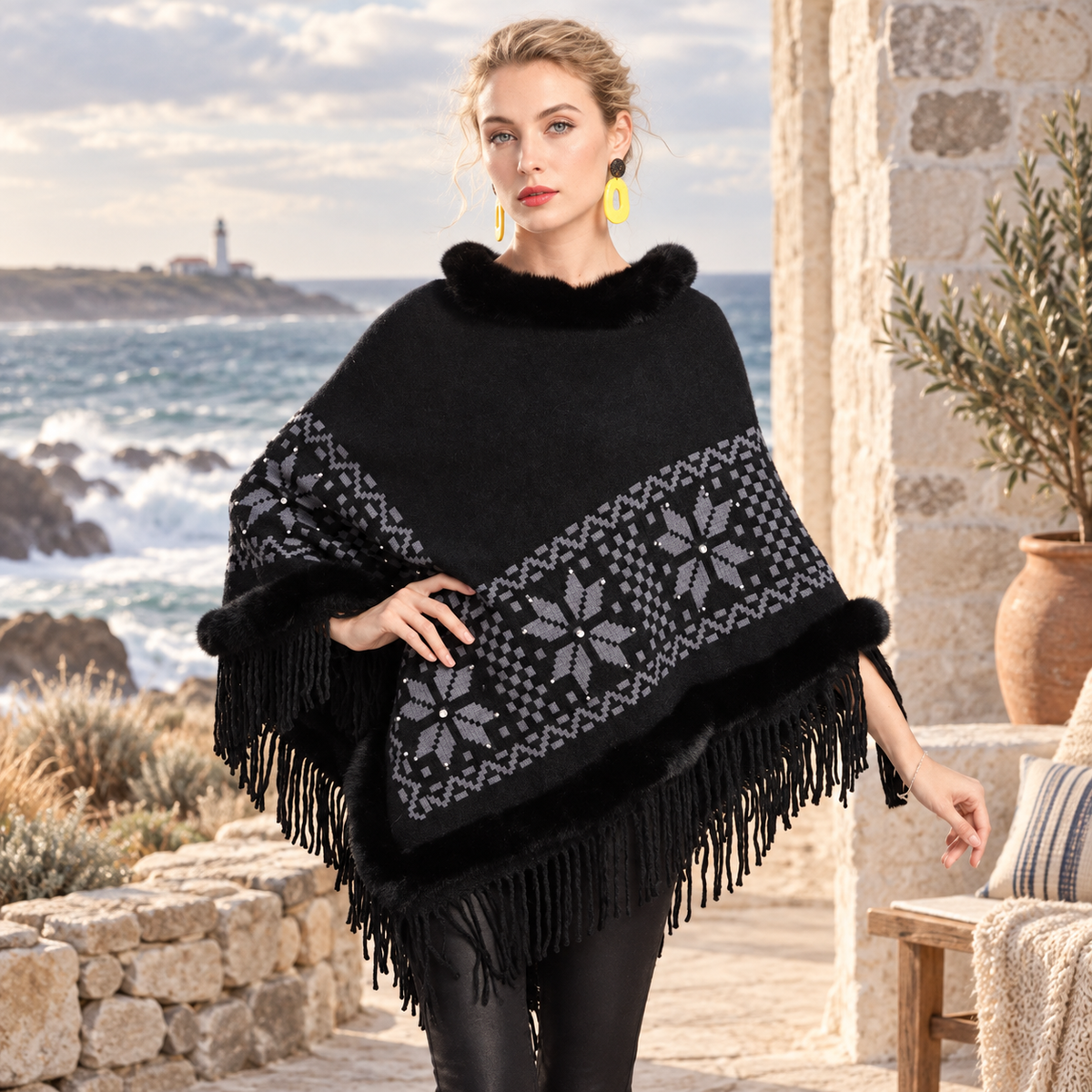 Poncho Fourrure Flocons – Noir / Adulte, visuel principal lifestyle