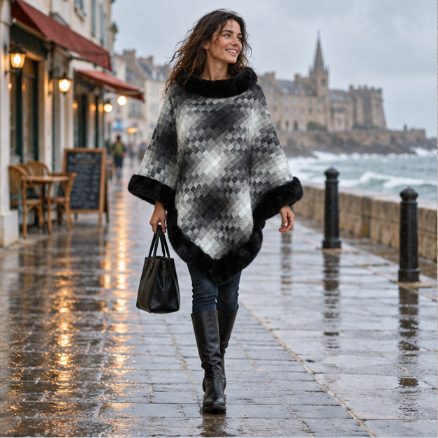 Poncho Fourrure Gris – Gris / Gris, en situation sur la côte Atlantique