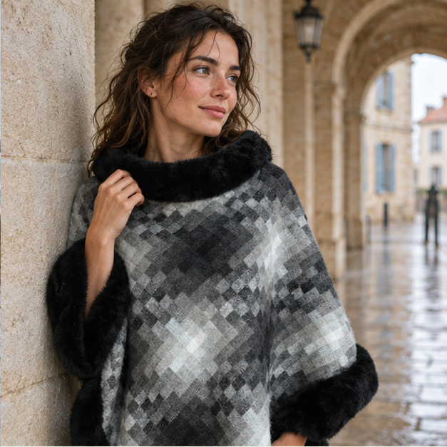 Poncho Fourrure Gris – Gris / Gris, dans un intérieur côtier lumineux