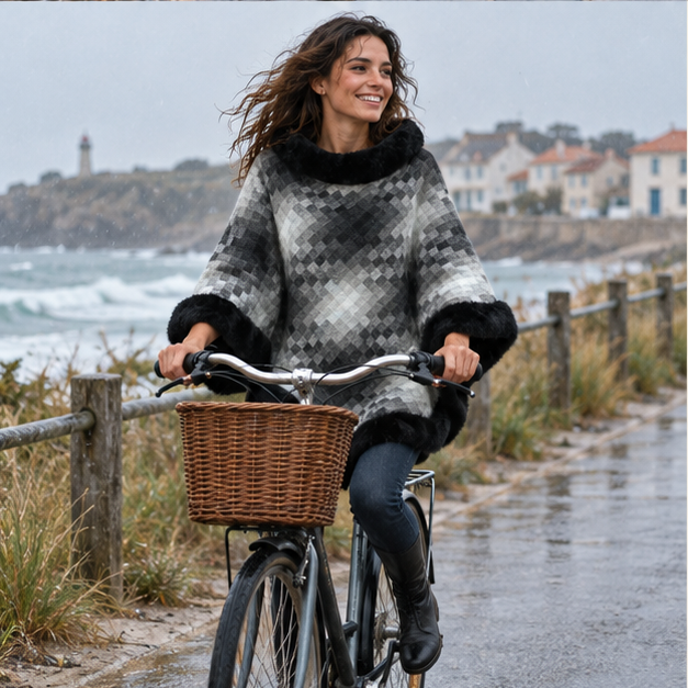 Poncho Fourrure Gris – Gris / Gris, porté en mouvement au bord de l’océan