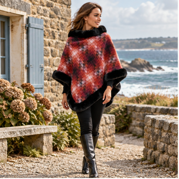 Poncho Fourrure Lapin – Orange / Adulte, en situation sur la côte Atlantique