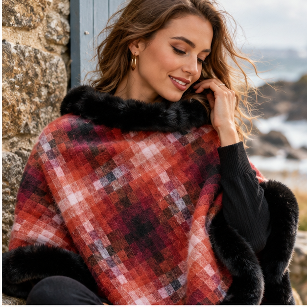 Poncho Fourrure Lapin – Orange / Adulte, dans un intérieur côtier lumineux