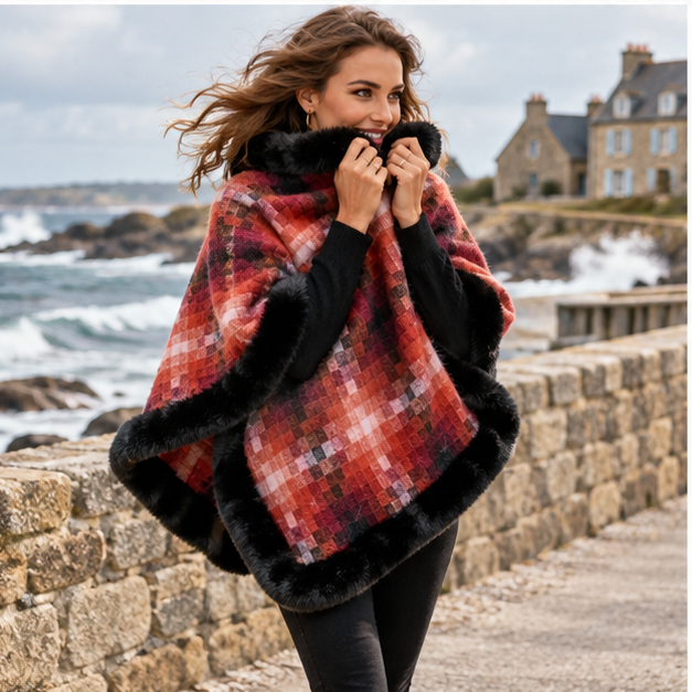 Poncho Fourrure Lapin – Orange / Adulte, porté en mouvement au bord de l’océan