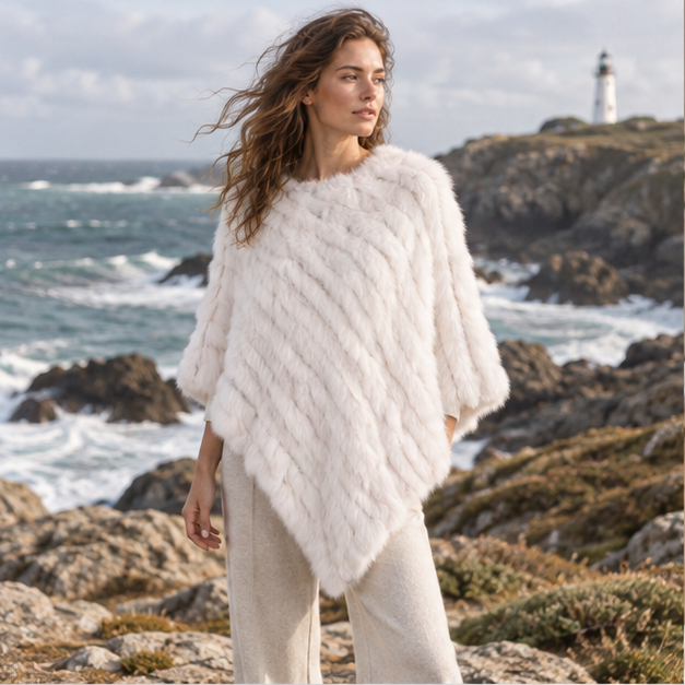 Poncho Fourrure Lapin Blanc – Blanc / Adulte, en situation sur la côte Atlantique