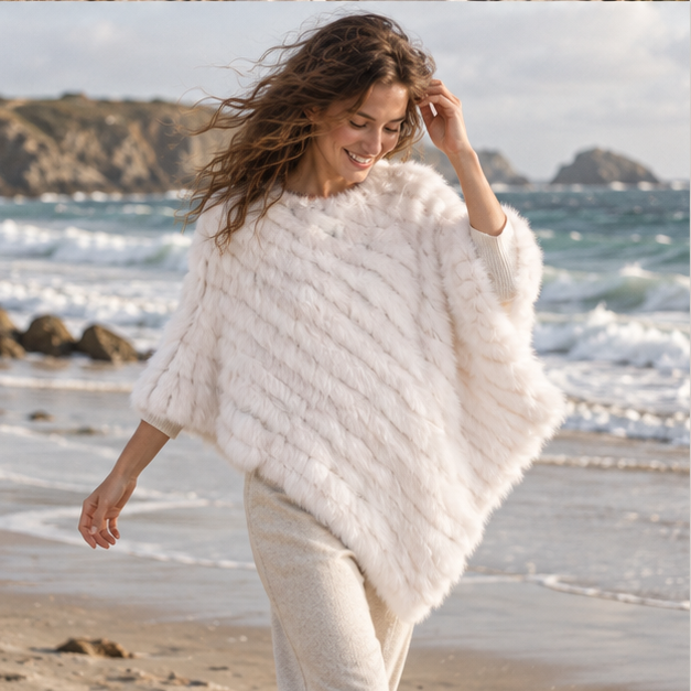Poncho Fourrure Lapin Blanc – Blanc / Adulte, porté en mouvement au bord de l’océan