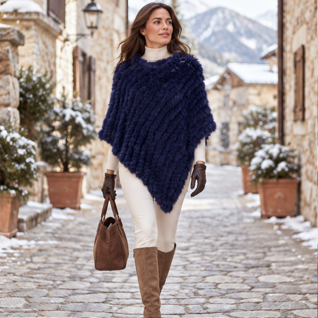 Poncho Fourrure Lapin Bleu – Bleu / Adulte, en situation sur la côte Atlantique