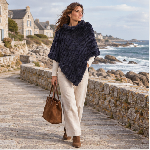 Poncho Fourrure Lapin Bleu – Bleu Marine / Adulte, en situation sur la côte Atlantique