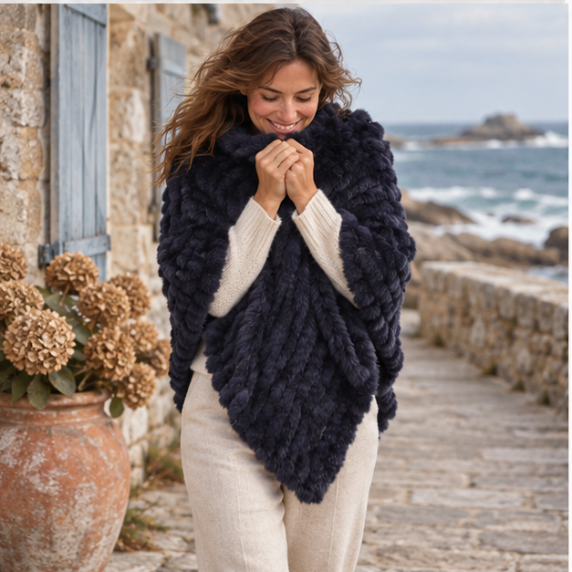 Poncho Fourrure Lapin Bleu – Bleu Marine / Adulte, porté en mouvement au bord de l’océan