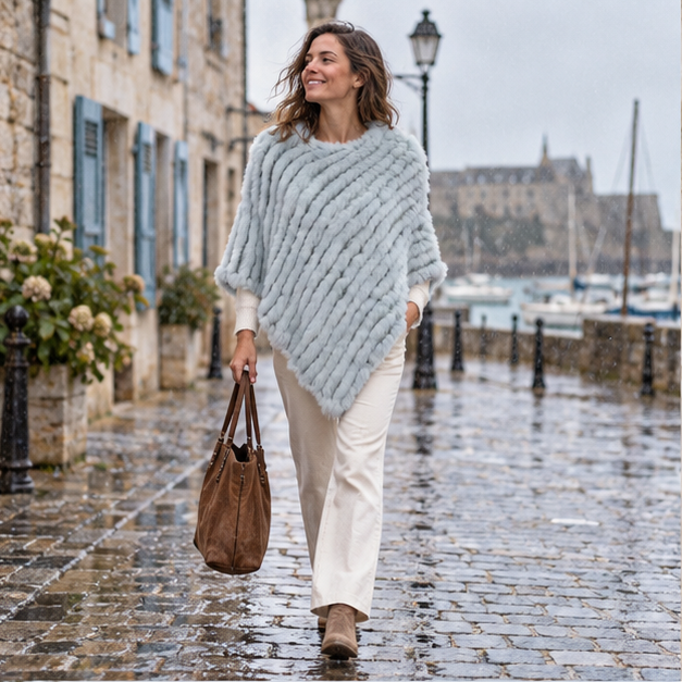Poncho Fourrure Lapin Bleu – Bleu Clair / Adulte, en situation sur la côte Atlantique