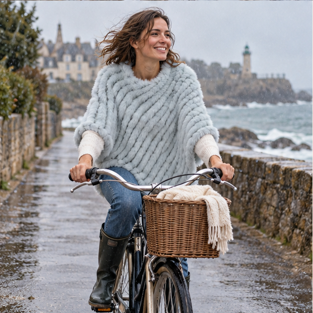 Poncho Fourrure Lapin Bleu – Bleu Clair / Adulte, porté en mouvement au bord de l’océan