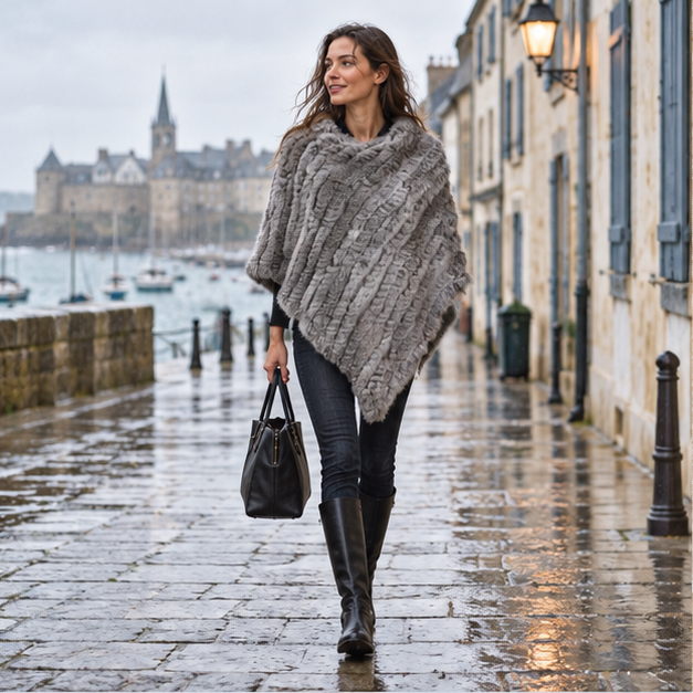 Poncho Fourrure Lapin Gris – Gris / Adulte, en situation sur la côte Atlantique