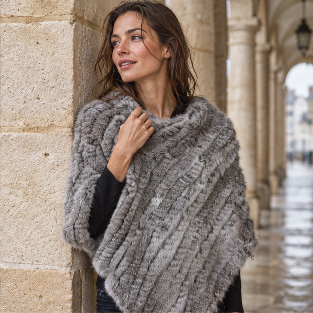Poncho Fourrure Lapin Gris – Gris / Adulte, dans un intérieur côtier lumineux