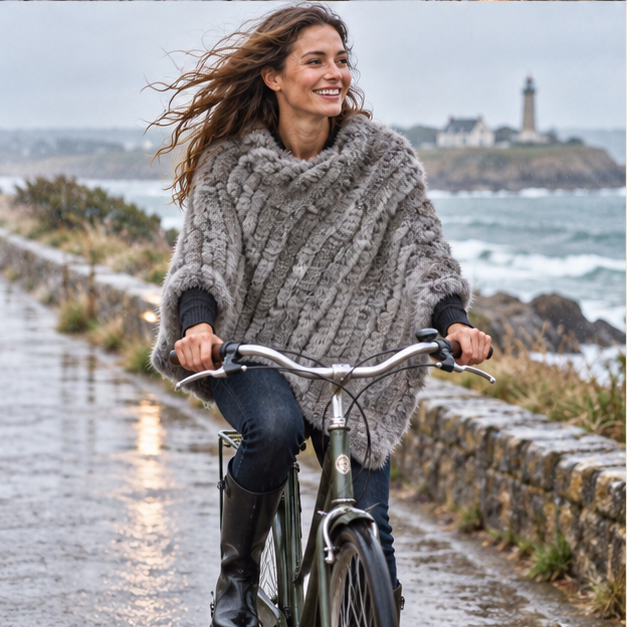 Poncho Fourrure Lapin Gris – Gris / Adulte, porté en mouvement au bord de l’océan