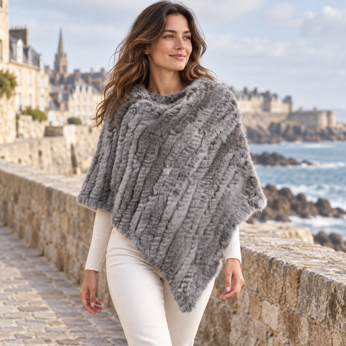 Poncho Fourrure Lapin Gris – Gris / Adulte, visuel principal lifestyle