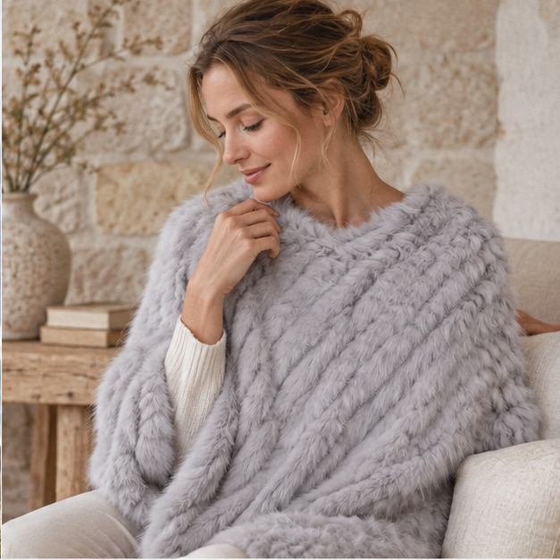 Poncho Fourrure Lapin Gris – Gris Clair / Adulte, dans un intérieur côtier lumineux