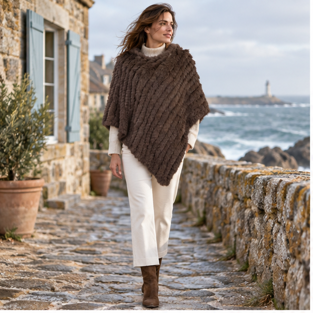 Poncho Fourrure Lapin Marron – Marron / Adulte, en situation sur la côte Atlantique