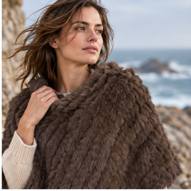 Poncho Fourrure Lapin Marron – Marron / Adulte, dans un intérieur côtier lumineux