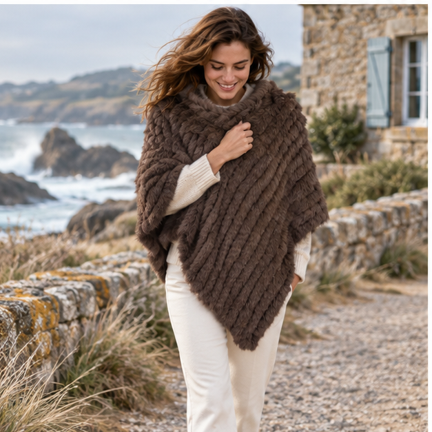 Poncho Fourrure Lapin Marron – Marron / Adulte, porté en mouvement au bord de l’océan