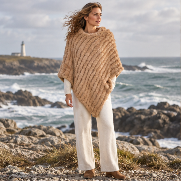 Poncho Fourrure Lapin Marron – Camel / Adulte, en situation sur la côte Atlantique