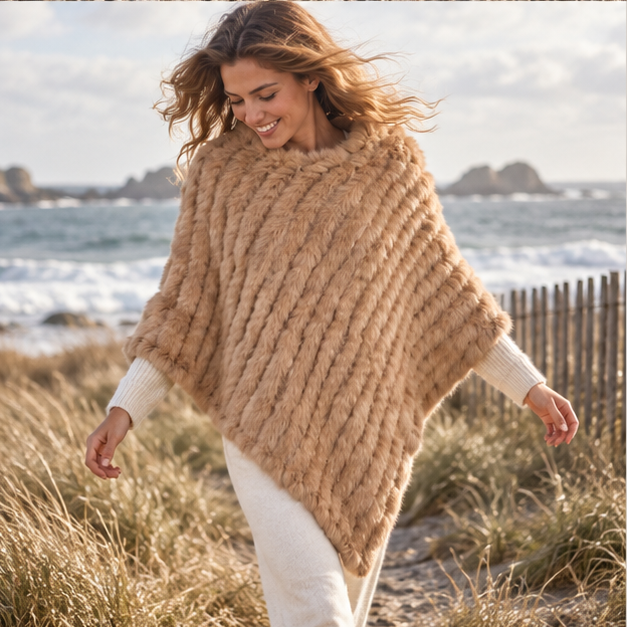 Poncho Fourrure Lapin Marron – Camel / Adulte, porté en mouvement au bord de l’océan
