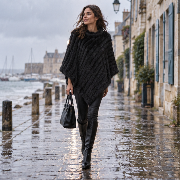 Poncho Fourrure Lapin Noir – Noir / Adulte, en situation sur la côte Atlantique
