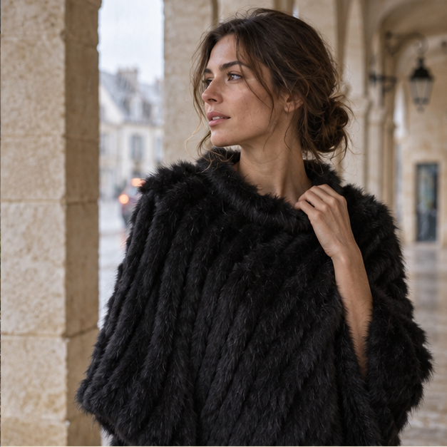 Poncho Fourrure Lapin Noir – Noir / Adulte, dans un intérieur côtier lumineux