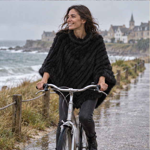 Poncho Fourrure Lapin Noir – Noir / Adulte, porté en mouvement au bord de l’océan