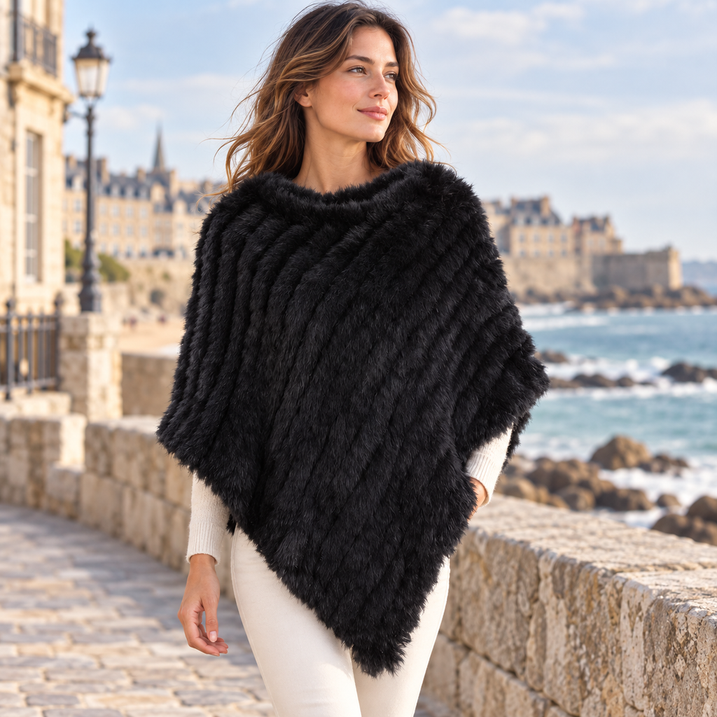 Poncho Fourrure Lapin Noir – Noir / Adulte, visuel principal lifestyle
