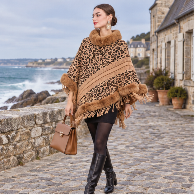 Poncho Fourrure Léopard – Camel / Adulte, en situation sur la côte Atlantique