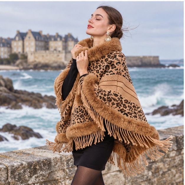 Poncho Fourrure Léopard – Camel / Adulte, porté en mouvement au bord de l’océan
