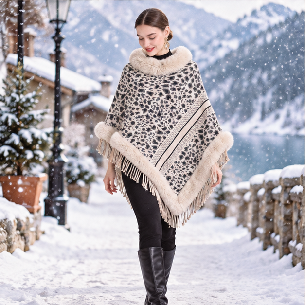 Poncho Fourrure Léopard – Beige / Adulte, porté en mouvement au bord de l’océan