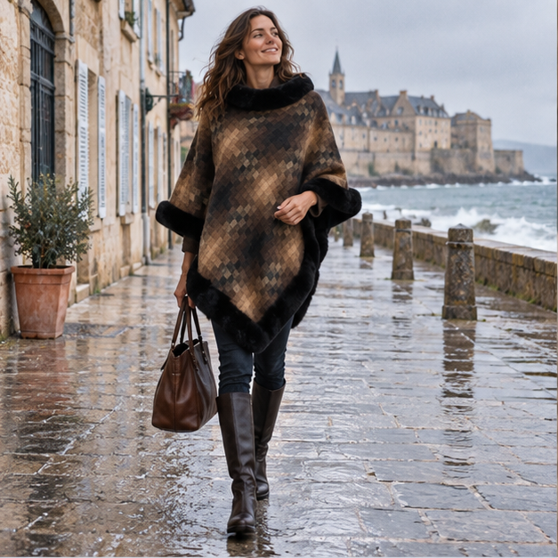 Poncho Fourrure Marron – Marron / Adulte, en situation sur la côte Atlantique