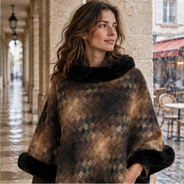 Poncho Fourrure Marron – Marron / Adulte, dans un intérieur côtier lumineux