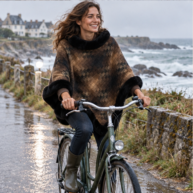 Poncho Fourrure Marron – Marron / Adulte, porté en mouvement au bord de l’océan