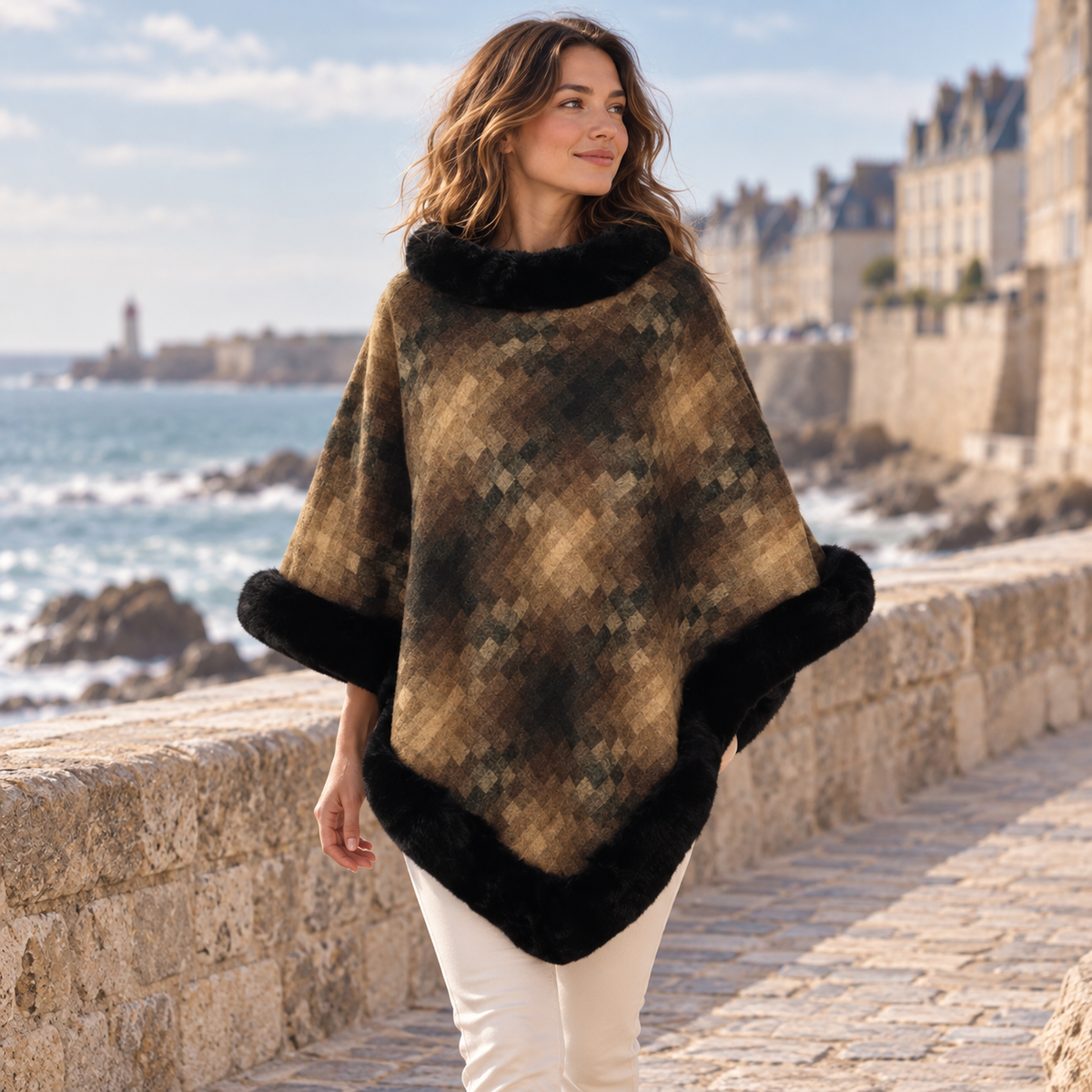Poncho Fourrure Marron – Marron / Adulte, visuel principal lifestyle