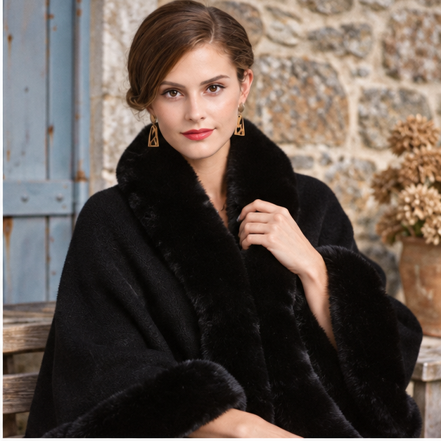 Poncho Fourrure Noir – Noir / Adulte, dans un intérieur côtier lumineux