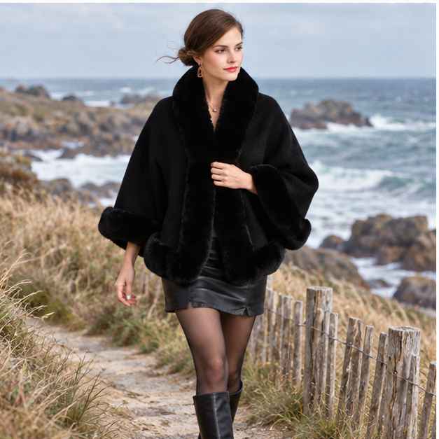 Poncho Fourrure Noir – Noir / Adulte, porté en mouvement au bord de l’océan