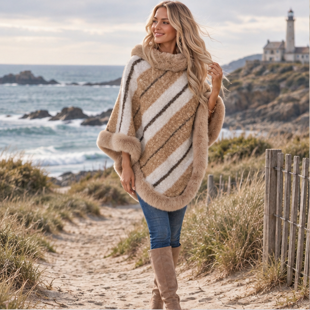 Poncho Fourrure Rayure – Camel / Adulte, en situation sur la côte Atlantique