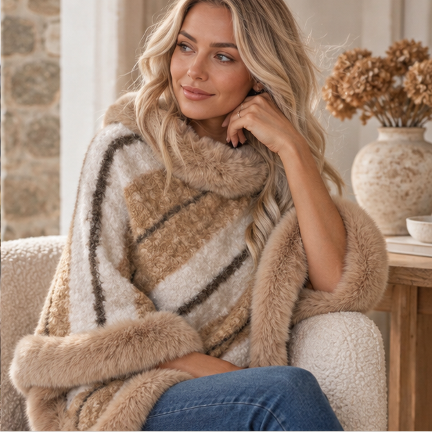 Poncho Fourrure Rayure – Camel / Adulte, dans un intérieur côtier lumineux