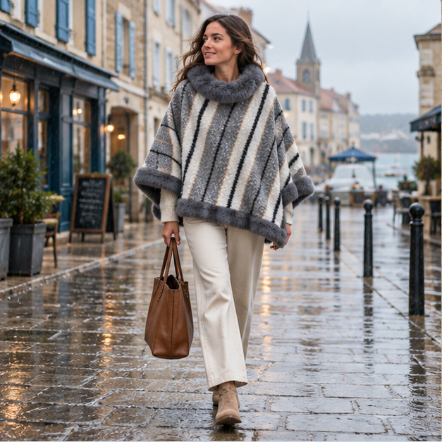Poncho Fourrure Rayure – Gris / Adulte, en situation sur la côte Atlantique