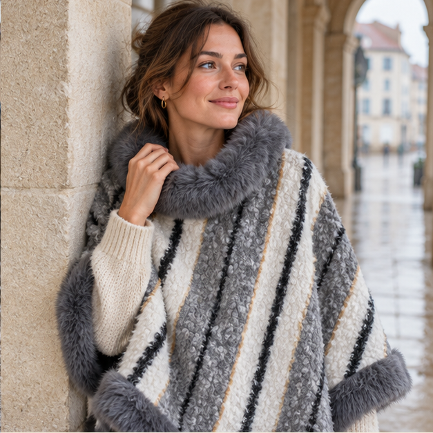 Poncho Fourrure Rayure – Gris / Adulte, dans un intérieur côtier lumineux