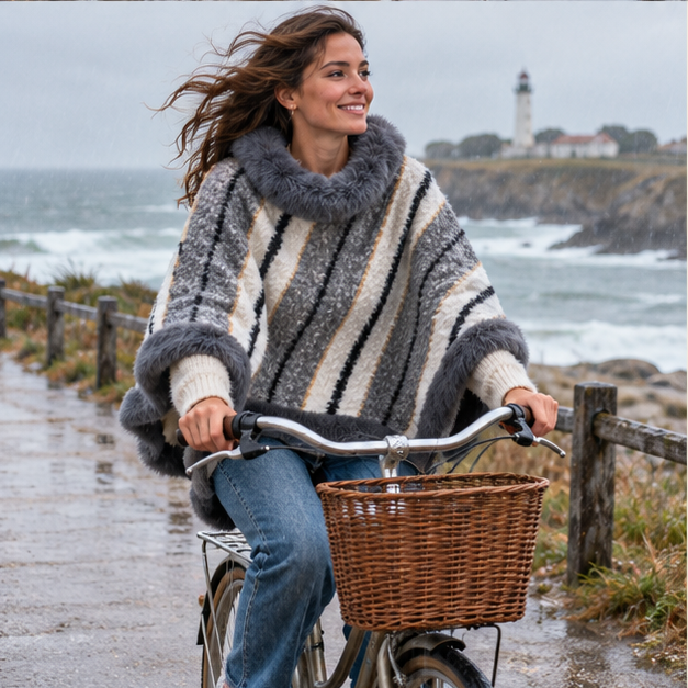 Poncho Fourrure Rayure – Gris / Adulte, porté en mouvement au bord de l’océan